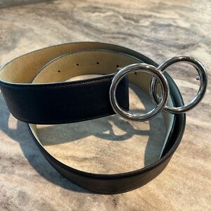 Express Black Leather Belt with Round Silver Buckle